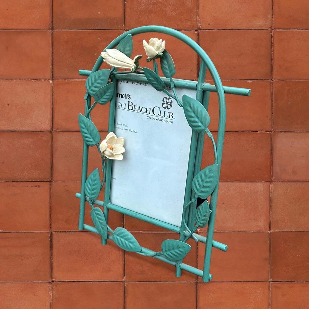 Vintage 90's Dennis East Metal Trellis Frame w/ White Flowers, Vines, and Leaves